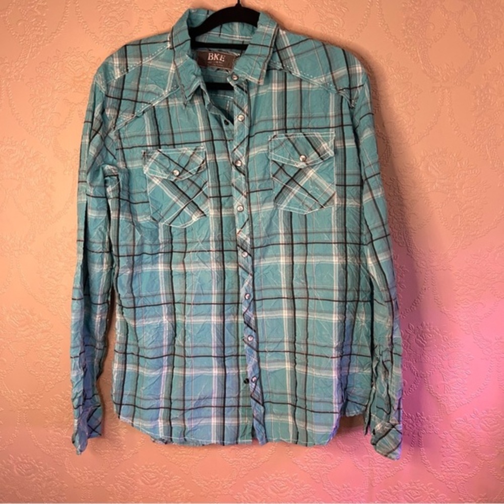 BKE Men's Blue Plaid Shirt Large Athletic fit